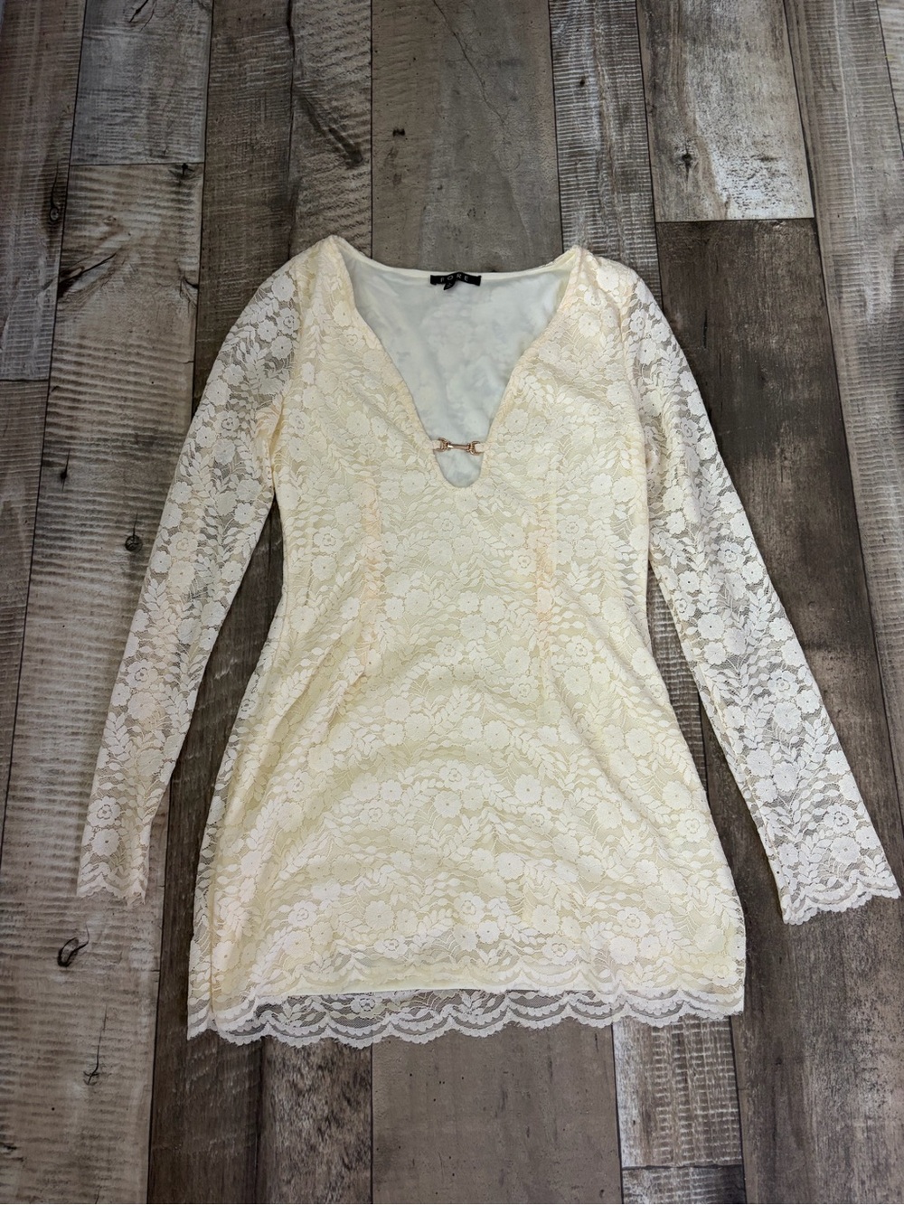 Lace Long-Sleeve Mini Dress in Cream